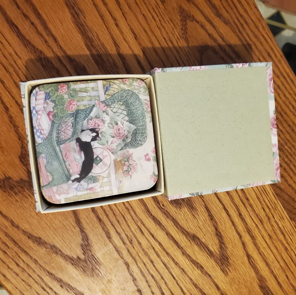Vintage Tabby Cat Coasters Cork Back Square Set of 6 In Decorative Box - Picture 6 of 6